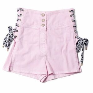 Auth CHANEL 2019 Cruise pink jean tweed cross ties high waist CC logo shorts 36